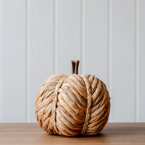 Large Plait Straw Pumpkin With Wooden Stalk