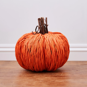 Handmade Orange Straw Pumpkin with Decorative Stalk