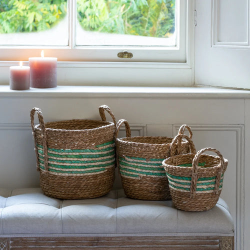 Straw And Corn Basket Green Stripe With Handles